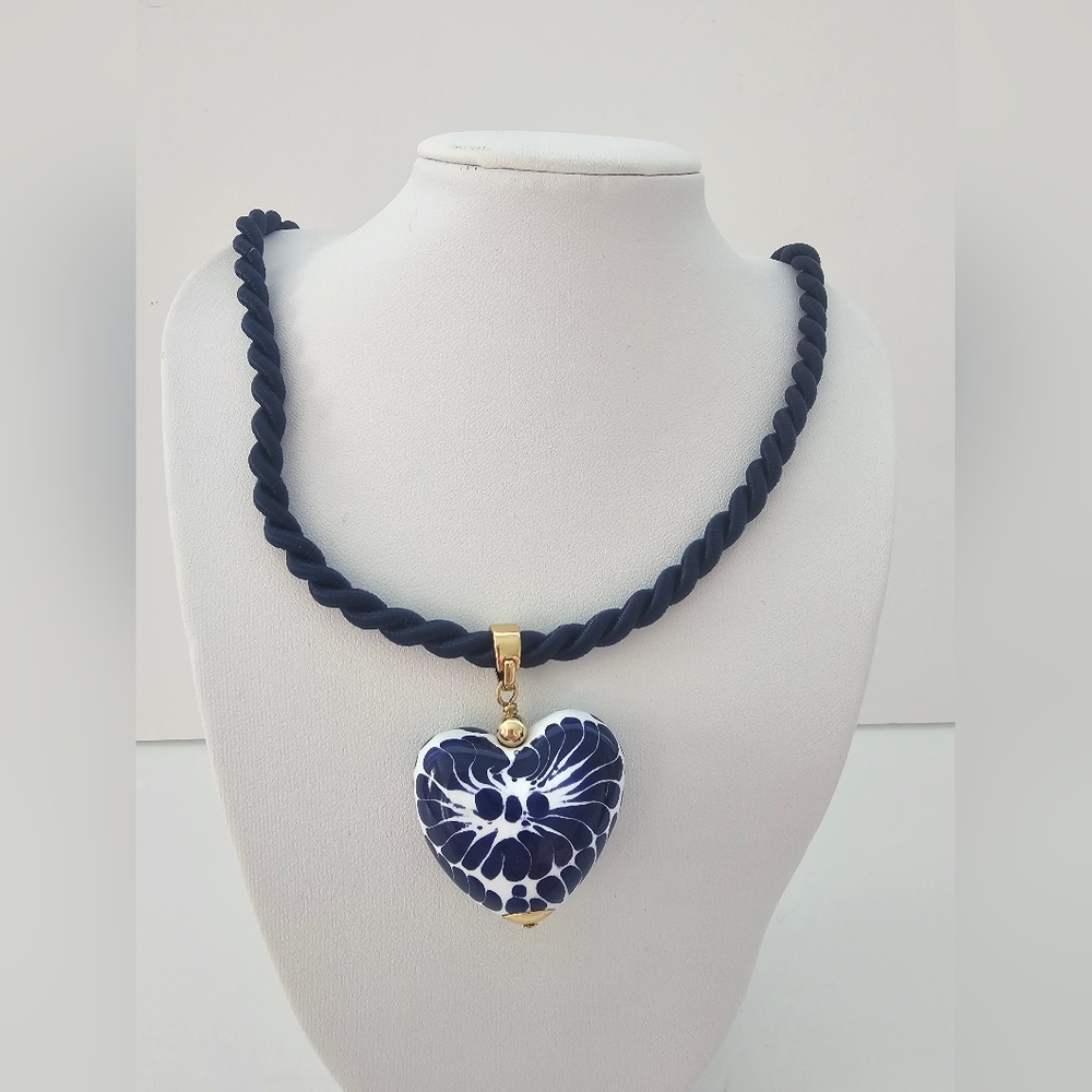 Hand-Painted Mexican Talavera Heart Necklace - Blue & White Cobalt Ceramic